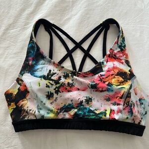 Multi-Color Abstract Strappy Sports Bra - Black Trim